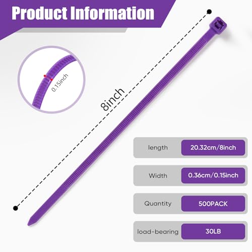 Zip Ties, 500pcs Purple Zip Ties 8 Inch, Plastic Ties Small Zipties Cable Tie Wraps, Multi-Purpose Cable Management Ties, Self-Locking Ziptie for Office and Home(Can bear 30lb) - color: Purple, size: 8" (500 Pack)