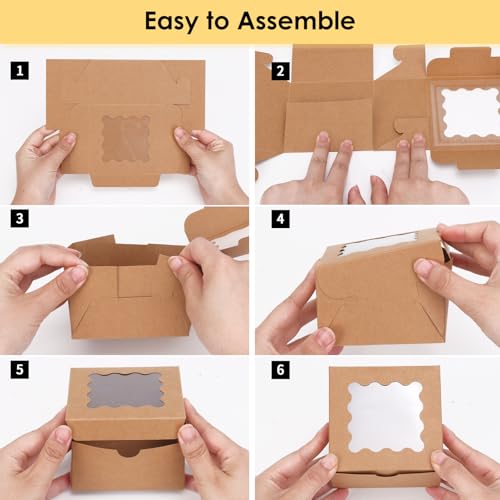 Moretoes 50pcs Small Cookie Boxes with Window, 4x4x2.5In Brown Bakery Boxes | Kraft Treat Boxes, Fit Small Cookies and Pastries, Suitable for Party Favors and Gifts - color: Brown