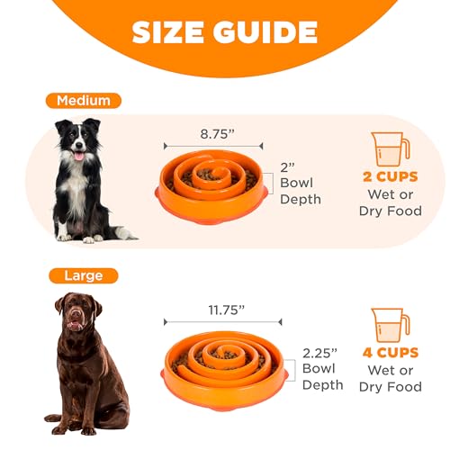 Outward Hound Fun Feeder Slo Bowl – Medium 2‑Cup Capacity, Slow Feeding, Small to Medium Dogs & Cats, Non-Slip, Orange, Swirl Pattern - color: Orange, size: Medium