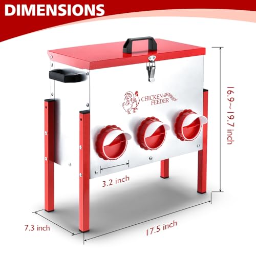 Chicken Feeder, 6 Feeding Ports, 35lbs Capacity Metal Feed Box with Handle and Feeding Lid, Automatic Chicken Feeders No Waste