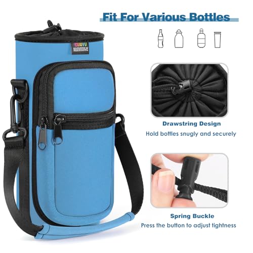 Nuovoware Water Bottle Carrier Bag, 25oz/32oz Bottle Pouch Holder, Adjustable Shoulder Hand Strap 2 Pocket Sling Neoprene Sleeve Sports Accessories for Hiking Travelling Camping, Azure Blue | Adjustable Shoulder Hand Strap, 2 Pocket, Neoprene Sleeve, For