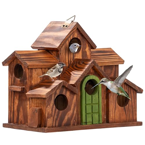 MIXUMON Bird House Outdoor, 6-Room Wooden Birdhouse for Outdoors & Outside, Carbonized Pine Wood Bird Houses with 1.57” Entrance & Easy Clean-Out Doors