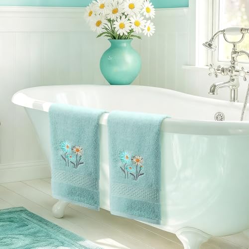 SmoothNovelty 2 Pcs Daisy Hand Towels Teal Bathroom Decor 14x29 Inch | Embroidered Flower Bathroom Hand Towels, 100% Cotton, Soft Absorbent, Spring Summer Bathroom Kitchen Decor - style: Daisy Flower