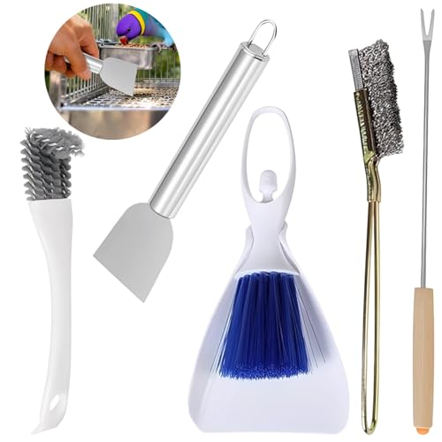 Bird Cage Cleaner Tool Set, Includes Stainless Steel Spatula, Brushes, Cleaning Fork, Small Broom, for Bird Poop Remover, Bird Cage Accessories, Easy Cleaning