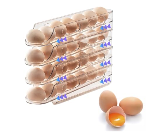 Egg Holder for Fridge,Stackable 1-4 Tiers Container,Auto Rolling Fridge Organizer for Refrigerator,Space-Saving Dispenser Holder,Refrigerator Egg Rack Transparent (4Packs)