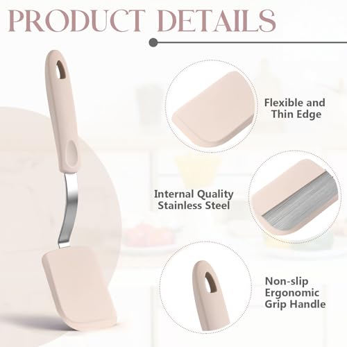 Silicone Cookie Spatula Turner 2 Pack Mini Brownie Spatula Flexible Kitchen Small Silicone Turner for Nonstick Cookware Heat Resistant No Scratch Flipper for Egg(Solid Flat,Khaki) - color: Khaki
