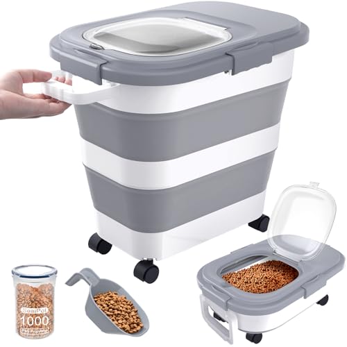 23-25Lbs Airtight Dog Food Storage Container,Collapsible Dog Food Container | Large Pet Food Storage Container with Lid,Wheels,Handle,Scoop,Small Cat Food Container for Dog Cat - color: Grey/25 LBS