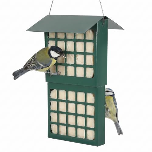 Solution4Patio Suet Bird Feeder for Outdoors, All Metal Bird Feeder for Wild Birds, Heavy Duty Galvanized Steel Hanging Feeder with Slide-Top Roof, Weather Resistant, Holds 2 Suet Cakes (Green) - color: Green
