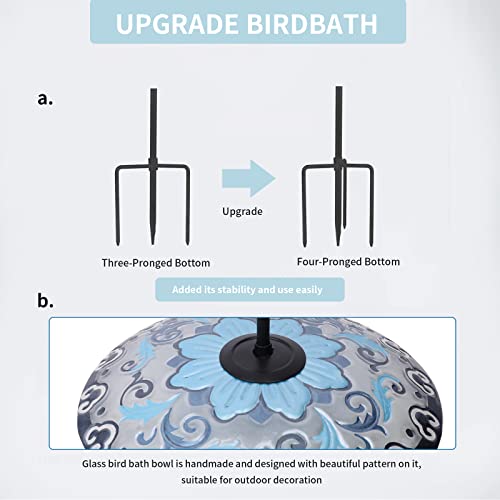 Glass Bird Bath, Garden Outdoor Birdfeeder with Metal Stake, Blue | Birdbaths with metal stand to attract cardinals and blue jays wild birds and beautify outdoor flower gardens decor - color: Blue