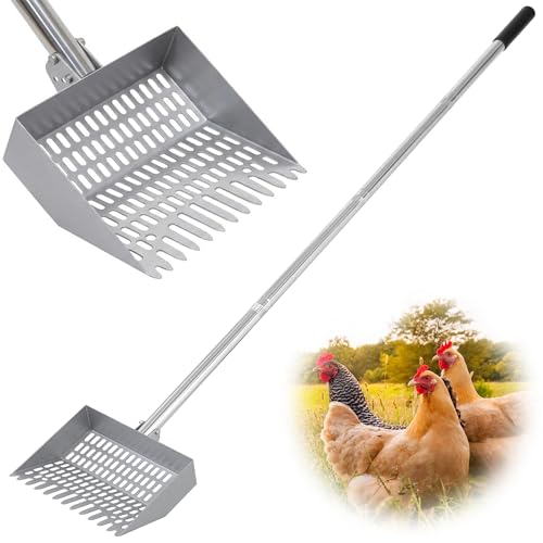 Chicken Poop Scooper Spring Steel Shovel 38-66in Extendable Handle | 3 Adjustable Angle Sifting Shovel Professional Poultry Litter Cleaner for Chicken Coop, Duck, Goat and Sand - size: 9" W x 2.5" D
