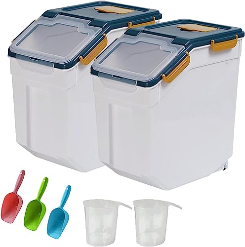 25LB Large Flour Storage Container Bin ,2 Pack Airtight Plastic with Wheels Seal Locking Lid Dispenser Organizer Storage Bin with Measuring Cup & Scoop for Flour, Rice, Grain 50LBS Total - color: Blue/25lbs,2counts