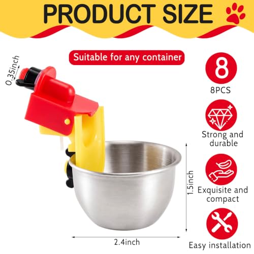 8 Pack Heavy Duty Auto Fill Metal Chicken Waterer Cups, Stainless Steel Freeze Leak Proof Poultry Rabbit Watering System Fits 5 Gallon Bucket and 3/8'' Hole Saw(Round Style) - style: Round Style