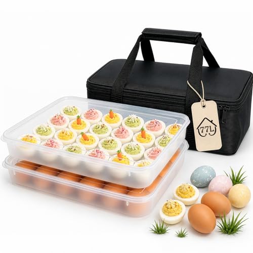 Deviled Egg Containers with Lid, Set of 2 Plastic Egg Holder for Refrigerator Holds 48 Eggs, Clear Stackable Deviled Egg Carrier Tray with Portable Insulated Bag for Party, Picnic, Fridge Storage - color: White, size: 48 Eggs