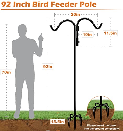 92 Inch Double Shepherds Hook for Outdoor with 5 Prong Base | Adjustable Heavy Duty Bird Feeder Pole for Hanging Flower Basket, Plant Hanger, Solar Light Lanterns, Black - size: 92in-1pcs