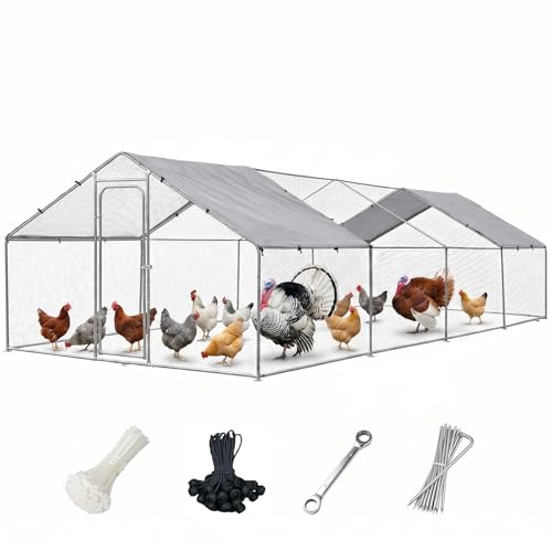 Metal Chicken Coop with Waterproof Pitched Roof, 26.3×9.8×6.4ft | Thickened Steel Frame, Predator-Proof Wire, Weatherproof & UV Resistant Cover, Detailed Assembly Guide & Tool Kit - size: 315.6"L x 118.1"W x 76.8"H