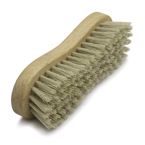 KONEX Medium-Stiffness Nylon Fiber Scrub Brush - Heavy Duty Cleaning Brush, Wooden Handle, Brown, Ideal for Hardwood Floor, Outdoor Surfaces, Carpet