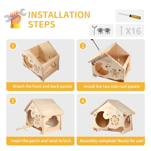 Wooden Bird House with Removable Wood Tray & Stainless Steel Mesh Bottom, DIY Paintable Birdhouse for Lovebirds Budgies Cockatiels Conures, Cozy Bird Nest Indoor Outdoor Use (Wood Tray + Steel Mesh)
