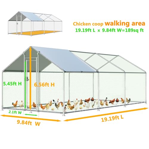 Large Metal Chicken Coop, Chicken Runs for Yard with Cover Walk-in Poultry Cage for 10 20 Chickens, Chicken Pen Duck Coop Hen House with Water-Resident Top and Feeding Door 19.2Lx9.84Wx6.6H FT - size: 230.0"L x 118.0"W x 79.2"H