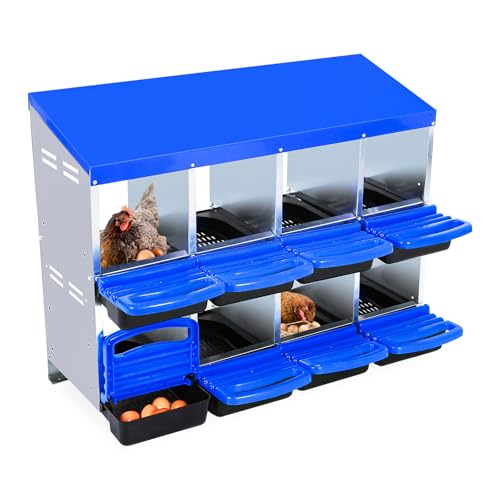 2-Tier Chicken Nesting Box, 8 Compartment Metal Nesting Box for Chickens with Waterproof Roof, Non-Slip Stable Base, Heavy Duty Chicken Laying Boxes for Hens, Poultry - color: Blue, size: 8 holes
