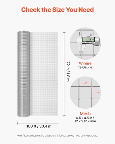 VEVOR Hardware Cloth, 1/2 inch 72 inch x 100 ft 19 Gauge Chicken Wire Fence, Hot-Dip Galvanized After Welding Metal Wire Mesh Roll, Garden Plant Welded Fencing Roll Supports Poultry Netting Cage Fence - size: 1/2 inch 72 inch x 100 ft