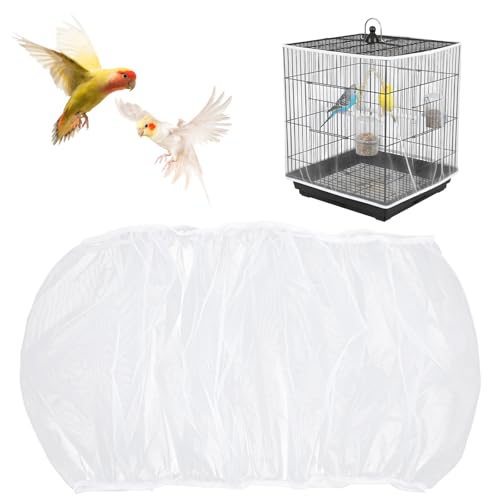 Bird Cage Seed Catcher, Mesh Net Cover Guard Soft Airy Cage Net Stretchy Skirt for Parrot Enclosures Round Square Cages(White