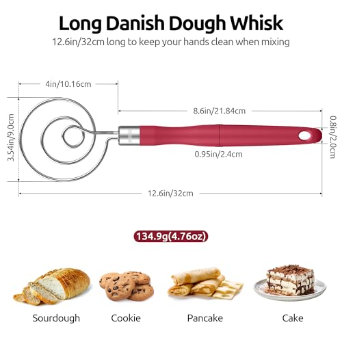 U-Taste 600ºF Heat Resistant 13.6in Long Solid & Slotted Silicone Turner and 12.6in Stainless Steel Danish Dough Whisk (Red)