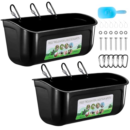 2 Pack Large Goat Feeder, Duck Chicken Feeder Waterer, Hanging Fence Feed Trough with Clips for Goat, Sheeple, Piglet, Gooses, Turkeys, Dog Livestock Poultry, Feed Scoop Included, Black - color: Large Black