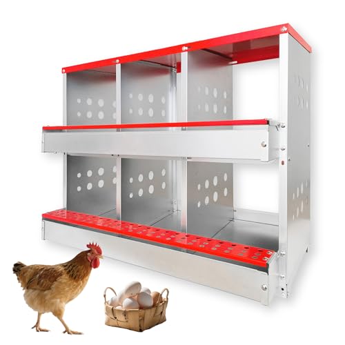 6-Compartment Roll Away Chicken Nesting Box for Hens, 32.6 Inch | Metal build, Egg collection tray, Perch, Protective lid, Wall mount, Freestanding setup, Ducks, Backyard coop, Barn supply - size: 32.6"L x 16.9"W x 24.4"H