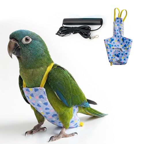 Bird Flight Harness Vest, Snap-Fastener Design Harness Vast, Bird Flying Clothes with Rope and Handle for Parakeets Cockatiels Conures Budgies（Blue Heart - Vest + Traction M - color: Blue Heart, size: M