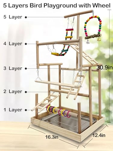 5 Layers Large Bird Playground Natural Wood Parrot Play Stand Birds Perch Stand Gym Parakeet Birds Cage Accessories with Removable Tray and 4 Stainless Steel Cups for Cockatiel Cockatoos Finch