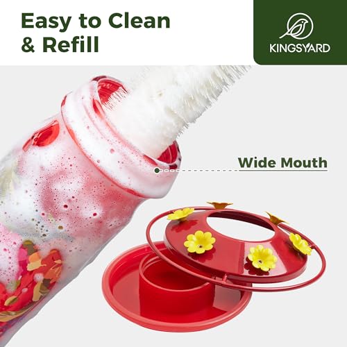 Kingsyard 2 Pack Hummingbird Feeders for Outdoor Hanging - Charming Patterned Glass Humming Bird Feeder with 6 Feeding Ports and Ant Moat, Ideal Gift Choice for Bird Lovers, Red | Extra-Wide Mouth Bottle for Easy Cleaning, 6 Feeding Ports, Built-In Ant Mo
