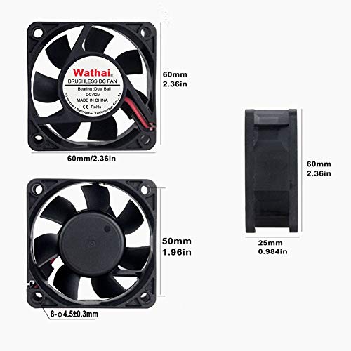 Wathai 60mm x 60mm x 25mm 12V DC Case Fan Brushless Cooling Fan Dual Ball 2P - style: 12V Ball 60mm