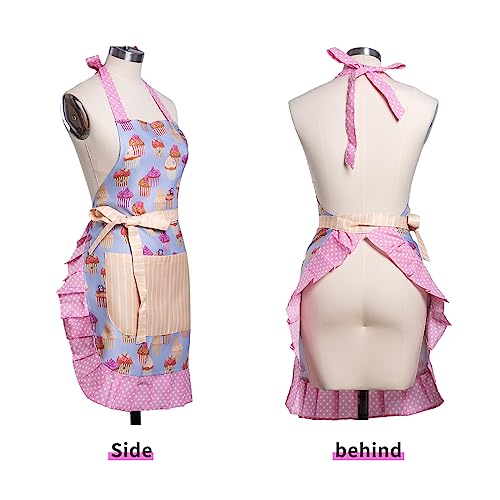 Lovely Flower Pattern Retro Aprons With Large Pockets for Women Girls Cooking Kitchen Bakery Mother's Gift - color: Cute Cake