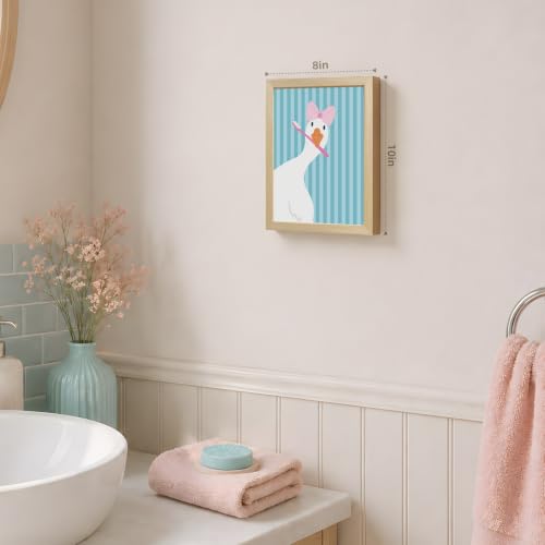 GELDSTEI Wood Framed Funny Brushing Teeth Goose Bathroom Wall Art 8x10 in | Funny Soft Tone Wall Decor, Pink Bow and Toothbrush Goose Art Print, Bathroom Decor for Nursery and Powder Room - color: Goose, size: 10"L x 8"W