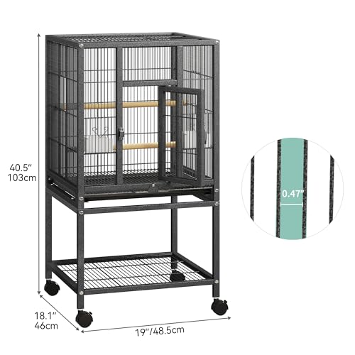 YITAHOME 41 inches Metal Bird Cage for Parakeets: Large Parrot Cages with Tray, Food Boxes, and Wooden Perches with Rolling Stand & Brakes for Lovebirds Cockatiels Pigeon Finches, Black | Large Parrot Cages with Tray, Food Boxes, and Wooden Perches with R