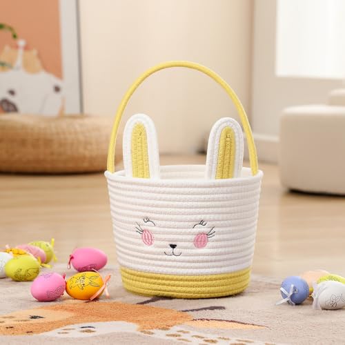 Easter Baskets for Easter Egg with Handle Woven Empty Hunt Boys' Lovely Bunny Rabbit Colorful Woven Basket First Easter Gifts for Boys, Babies, Kids, and Children (Yellow) - color: Yellow