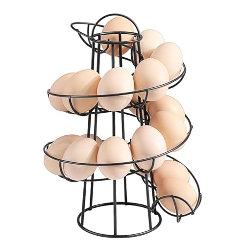 Flexzion Egg Skelter Modern Spiral Egg Holder Countertop (Medium Egg Display) - Freestanding Wired Countertop Egg Holder for Fresh Eggs, Dispenser Stand, Storage Rack for Kitchen, Black | Wire Chicken Egg Basket and Rotating Skelter Rack for Fresh Egg Sto