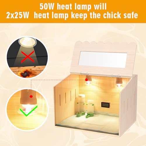 Wooden Chick Brooder Box Kit with Adjustable Dual Heater & Thermometer, Poultry Hatching Enclosure with 10 Pads, Feeder, Waterer - Natural Wood Brooder Heater for Baby Chicken, Quail, Ducklings