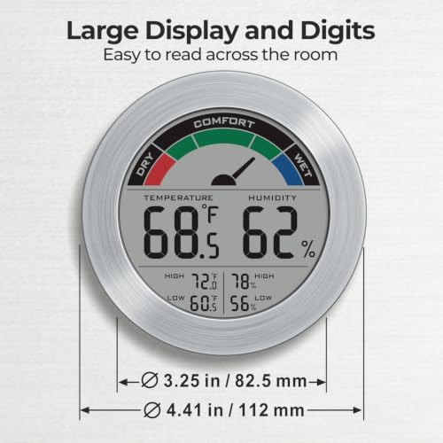Digital Hygrometer Indoor Thermometer, Brushed Metal Frame, Silver | Large round display, clear digits, accurate readings, comfort gauge, humidity meter, room temperature and humidity monitor - color: Silver Stainless