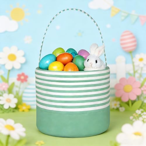 Easter Basket for Kid Boy Girl,Easter Egg Hunt Buckets,Personalized Canvas Tote Bags Easter Party Gifts for Easter Halloween - color: AB-Green