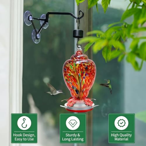 Hand Blown Glass Hummingbird Feeder with Heavy-Duty Metal Window Suction Cup Hangers Colorful Glass Bird Feeder and Window Hook with Accessories (Red)