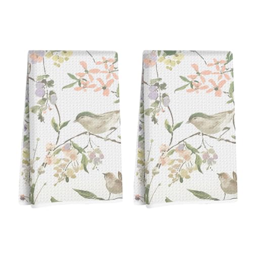 2 Pcs Watercolor Flower Bird Kitchen Towels Decorative Hand Towels | Waffle Soft Tea Towel for Home, Bathroom, Absorbent Microfiber Dish Cloth, Housewarming Gifts for Women, Mom - color: Multi 1220