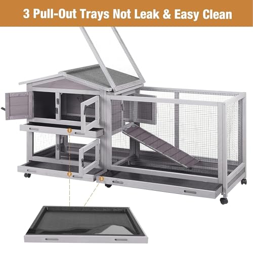Bunny Cage Indoor and Outdoor Rabbit Hutch with Casters Waterproof Roof, Pull Out Tray from Back and Front 61.2" L x 22.6" W x 33.5" H - size: 61.2"L x 22.6"W x 33.5"H