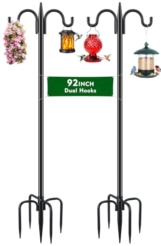 Gtongoko Bird Feeder Pole for Outdoors Heavy Duty, 2 Pack 92 Inch Double Shepherds Hook with 5-Prong Stable Base, 3/4 Inch Thick Hummingbird Feeder Stand for Hanging Plants, Lanterns - size: 92 Inch
