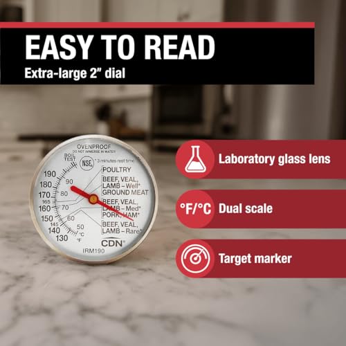 CDN Ovenproof Meat Thermometer NSF Certified Pro Accurate, Temperature Guide on 2" Dial - Easy-to-Read - Poultry, Roasting, Waterproof - IRM200 - size: 2" Dial