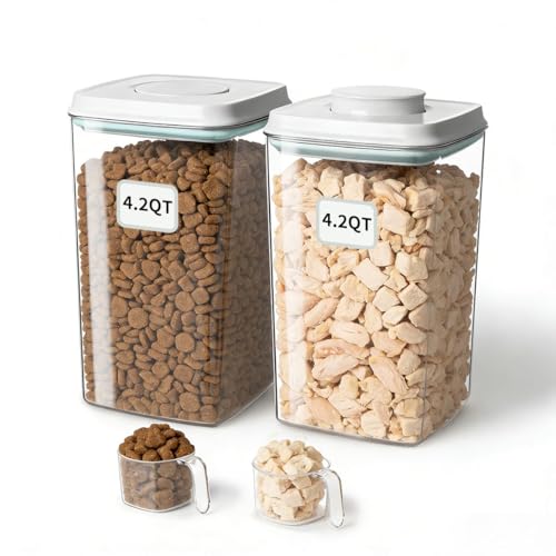 Dog Food Storage Containers 2 Pack, 4L/4.2 Qt Each Airtight Pet Canisters with One-Touch Lids, 130ml Scoops, BPA-Free Stackable Clear Kibble Holders for Kibble, Cat Food and Treats - size: 4.2Qt