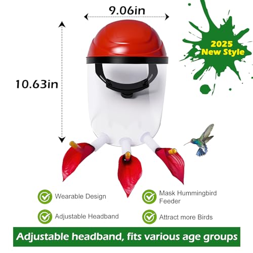 Hummingbird Feeder Hat, Wearable Hummingbird Feeder Helmet | Hummingbird Feeder Mask with 3 Upward Flower Ports for Close Viewing, Helps Reduce Drips, Fog-Resistant Visor, Adjustable Fit - color: Red-1P