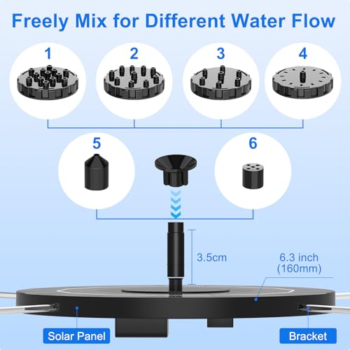 2.5W Solar Bird Bath Fountain Pump, Solar Fountains, Solar Powered Water Fountain with 6 Nozzles and Fixer for Bird Bath, Outdoors, Fish Tank, Pond, Pool and Garden - color: Black-2.5w