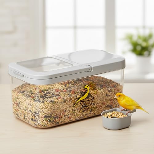 Bird Seed Storage Container, 5.4 Qt/6 L Pet Food Container with Measuring Cup & Stainless Steel Bird Feeder Bowl, Airtight Wild Birds Seed Dispenser, Plastic BPA Free, Clear