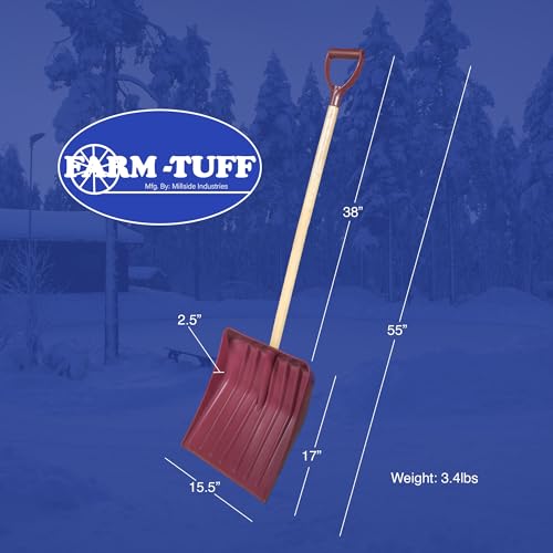 Farm-TUFF Heavy Duty Multi-Purpose Shovel - Snow, Barn, Grain, Industrial Use - Large Non-Stick Blade & Ash Hardwood D-Grip Handle - Durable & Lightweight Utility Scoop - Red, 15.5in
